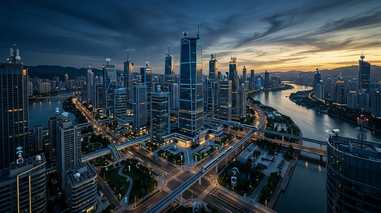 Smart city with integrated surveillance technology at dusk