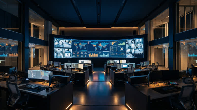 Advanced security operations center with multiple monitoring displays